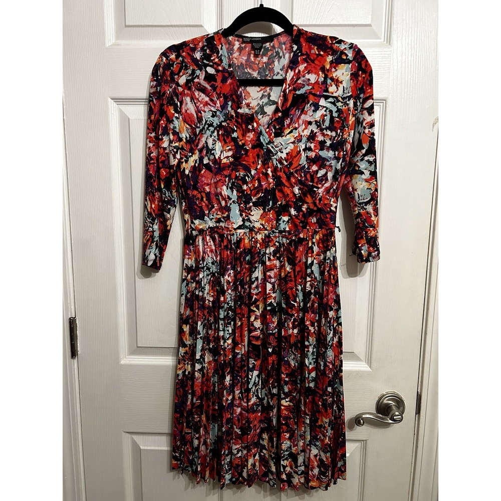 Maggy London dress 4P Wrap Drape Pleated Floral Print Long Sleeve V-Neck Stretch - Picture 3 of 8